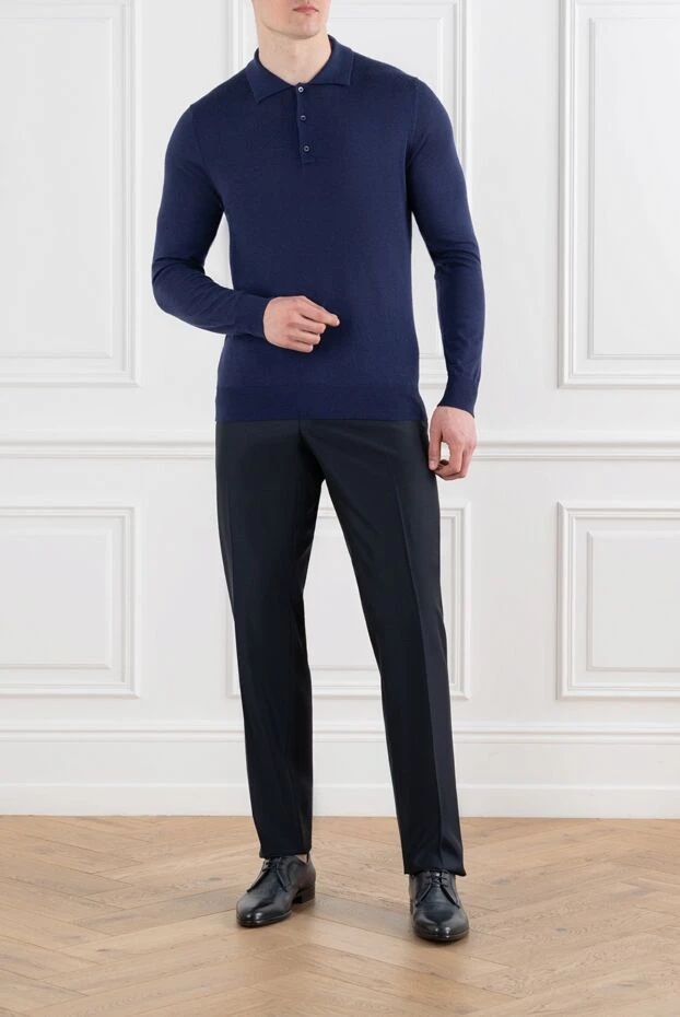 Corneliani темно-синее поло с пуговицами и длинным рукавом из кашемира и шелка 186600 - фото 2