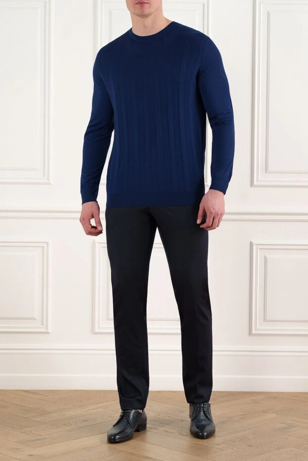 Men's dark blue wool jumper with stripes - photo 2