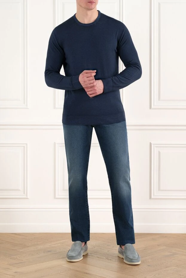 Men's blue wool jumper with contrast neckline - photo 2
