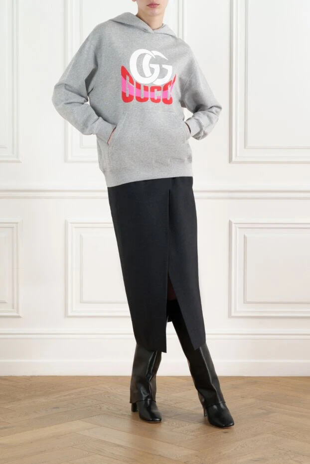 Серое худи из хлопка меланжевое с логотипом - фото 2