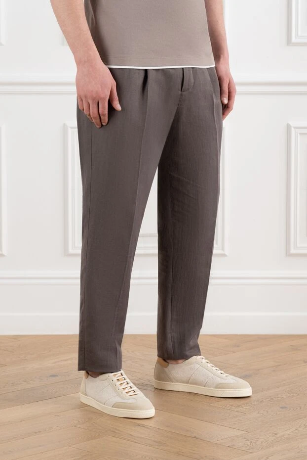 Brunello Cucinelli men's brown trousers with pintucks made of linen and cotton 186839 - photo 3