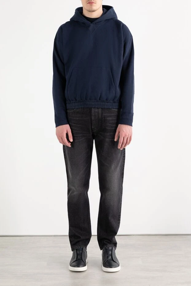 Saint Laurent хлопковое худи с капюшоном и вышитым логотипом синее 187118 - фото 2