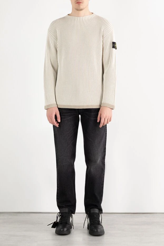 Stone Island бежевый шерстяной джемпер в рубчик для мужчин 187224 - фото 2