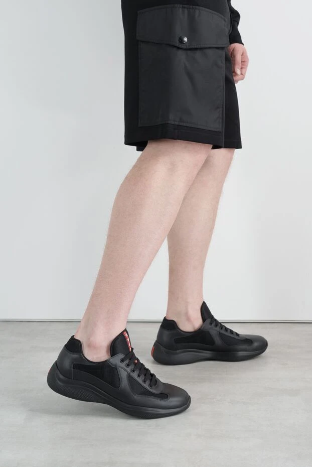 Prada кроссовки из телячьей кожи и сетки мужские черные 187292 - фото 2