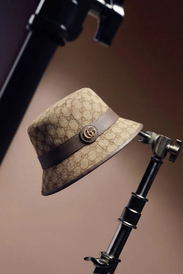 Шляпа федора из текстиля с монограммами и отделкой из кожи коричневая - фото 2