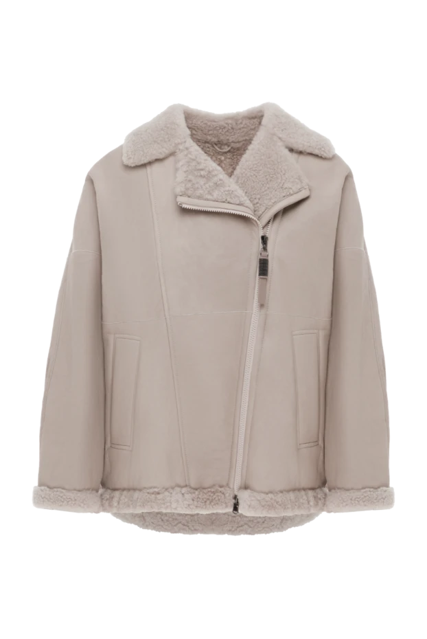 Дубленка с косой молнией из овчины бежевая женская - фото 1