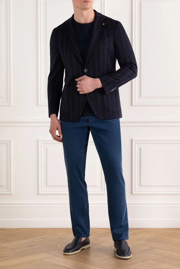 Темно-синий пиджак однобортный мужской в полоску - фото 2