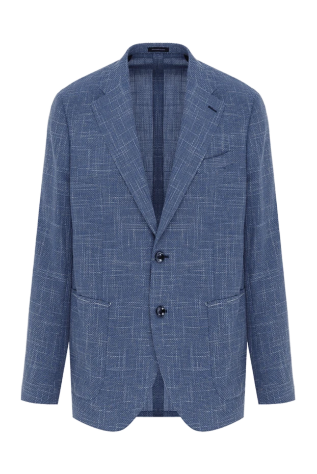 Blue men's jacket made of wool, cotton and linen, single-breasted - photo 1