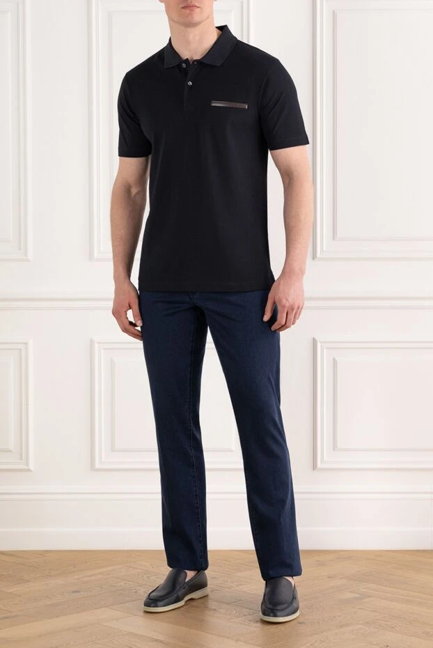 Berluti хлопковое синее поло с контрастной кожаной планкой
 187504 - фото 2