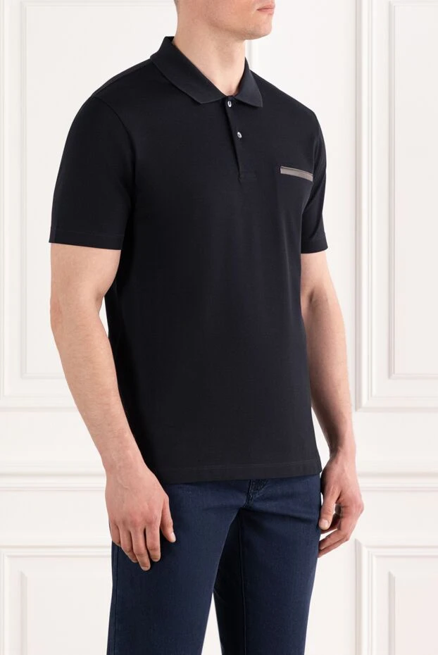 Berluti хлопковое синее поло с контрастной кожаной планкой
 187504 - фото 3