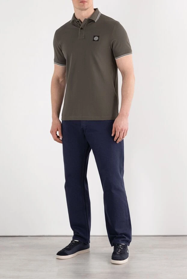 Stone Island зеленое поло с логотипом и белой окантовкой из хлопка 187514 - фото 2