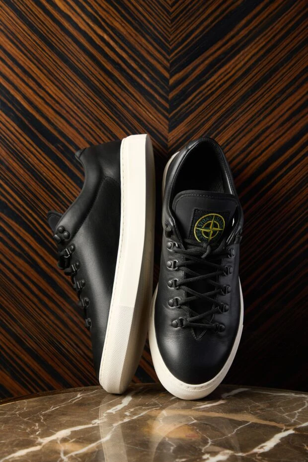 Stone Island men's black leather sneakers with logo 187552 - photo 2