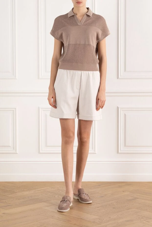 Women's beige cotton shorts with cuffs - photo 2