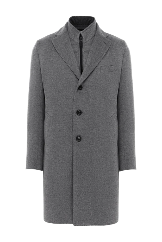 Однобортное пальто со вставкой с высоким трикотажным воротом серое - фото 1