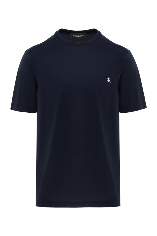 Navy blue cotton T-shirt with embossed logo - photo 1