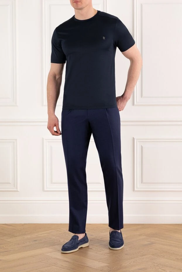 Navy blue cotton T-shirt with embossed logo - photo 2