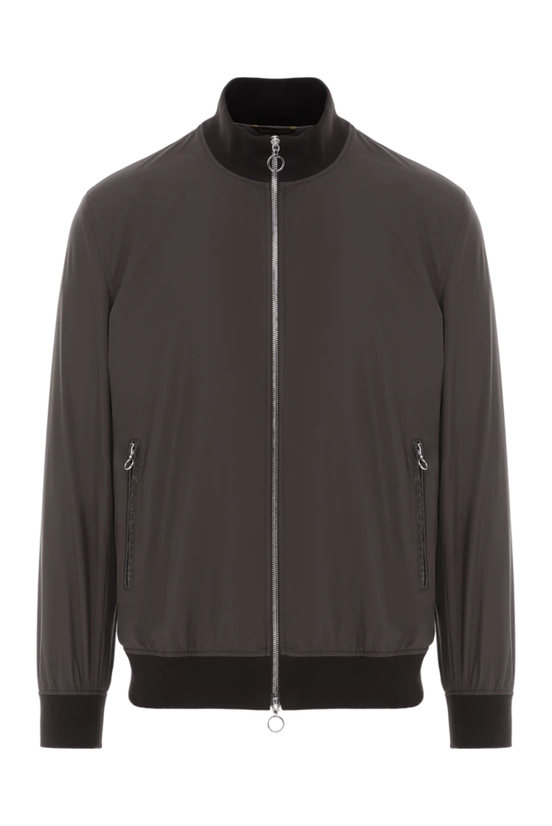 Коричневая куртка бомбер с отделкой карманов из кожи крокодила - фото 1