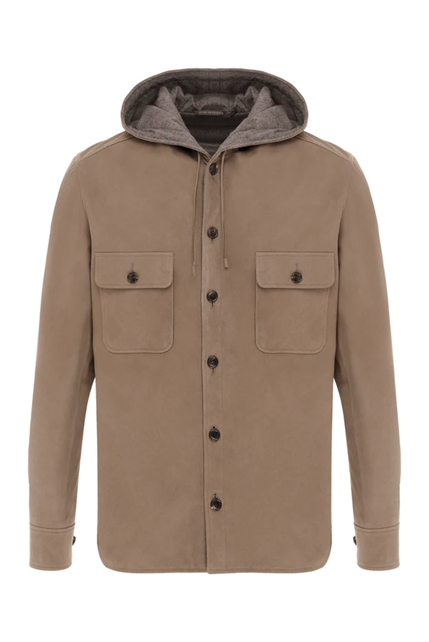 Утепленная кожаная куртка с капюшоном коричневая мужская - фото 1