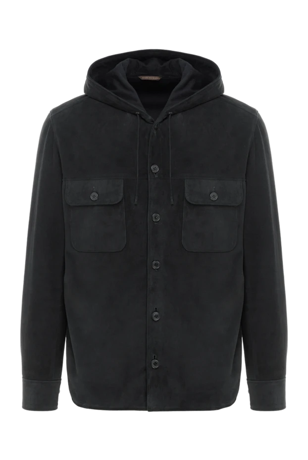 Утепленная кожаная куртка с капюшоном черная мужская - фото 1