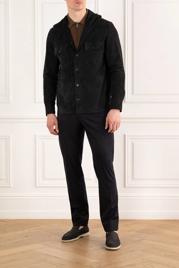 Утепленная кожаная куртка с капюшоном черная мужская - фото 2