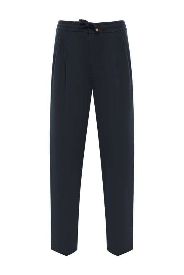 Синие брюки свободного зауженного кроя из саржи с двойными защипами - фото 1