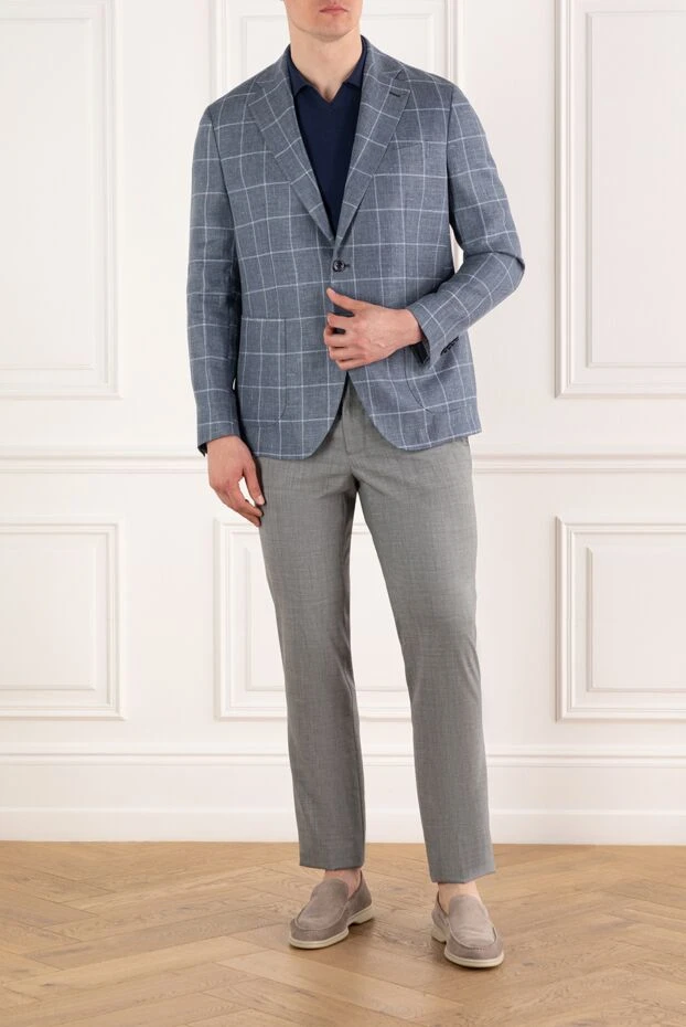 Sartoria Latorre серо-голубой клетчатый пиджак мужской из льна и шерсти 188101 - фото 2