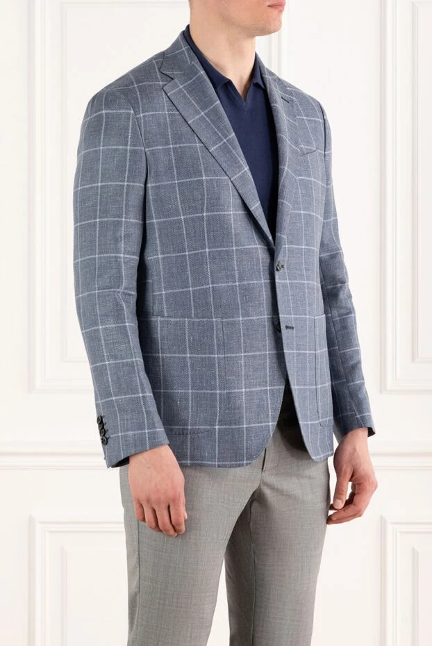 Sartoria Latorre gray-blue checkered jacket for men made of linen and wool 188101 - photo 3