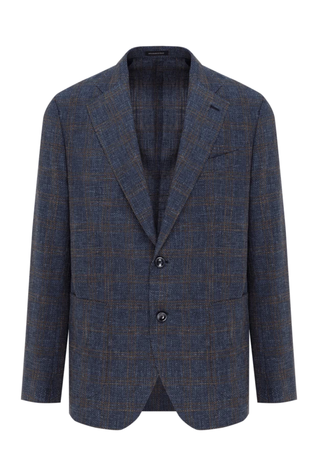 Синий мужской пиджак из смеси шерсти хлопка и льна - фото 1