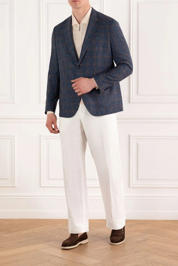 Синий мужской пиджак из смеси шерсти хлопка и льна - фото 2