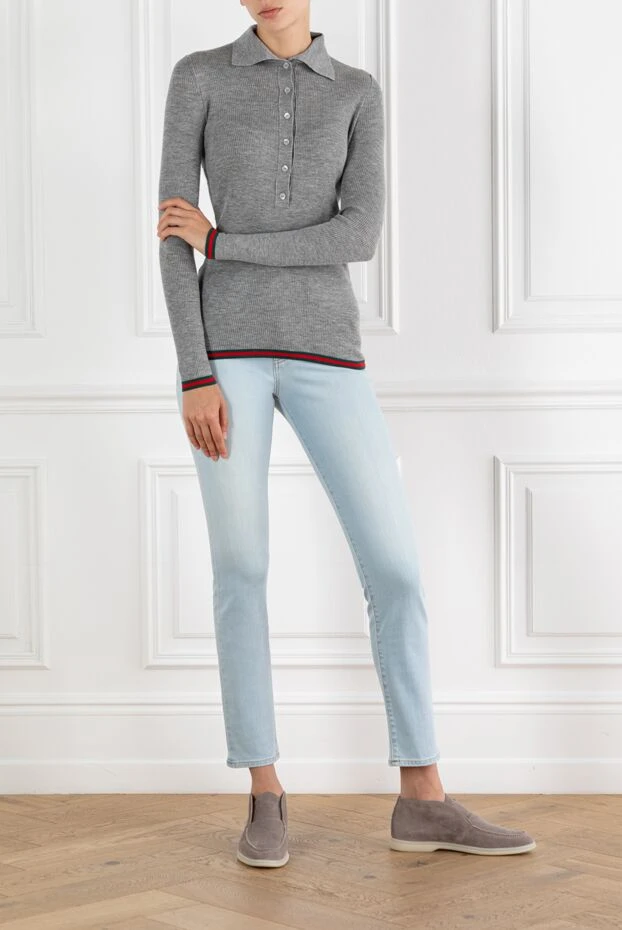 Серое поло с длинным рукавом из экстратонкого кашемира и шелка в рубчик - фото 2