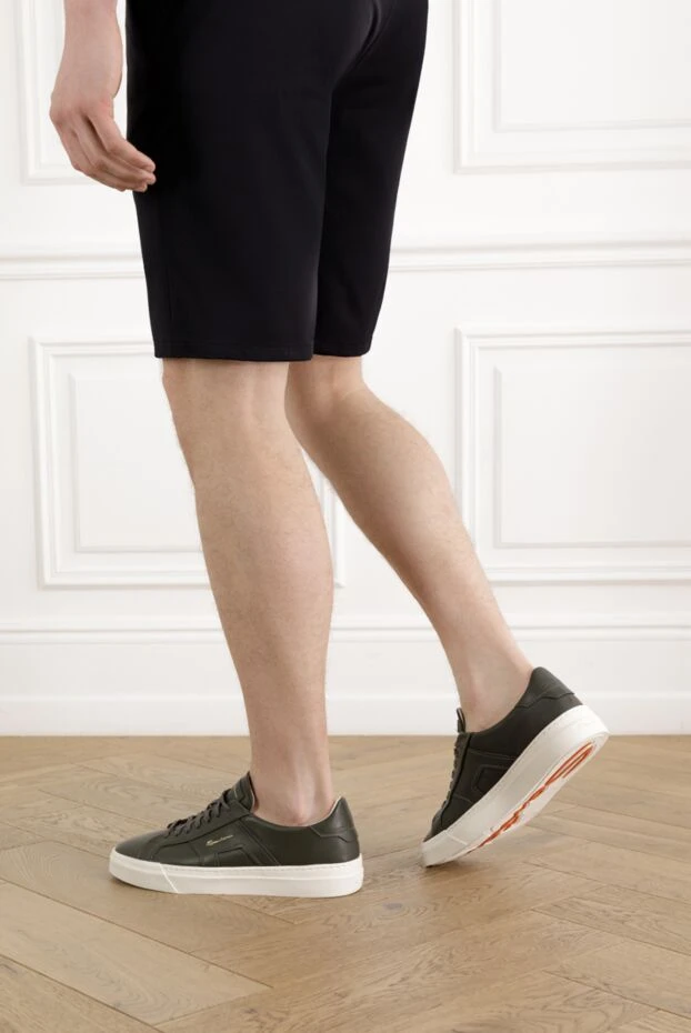 Santoni мужские темно-зеленые кроссовки из натуральной кожи 188194 - фото 2