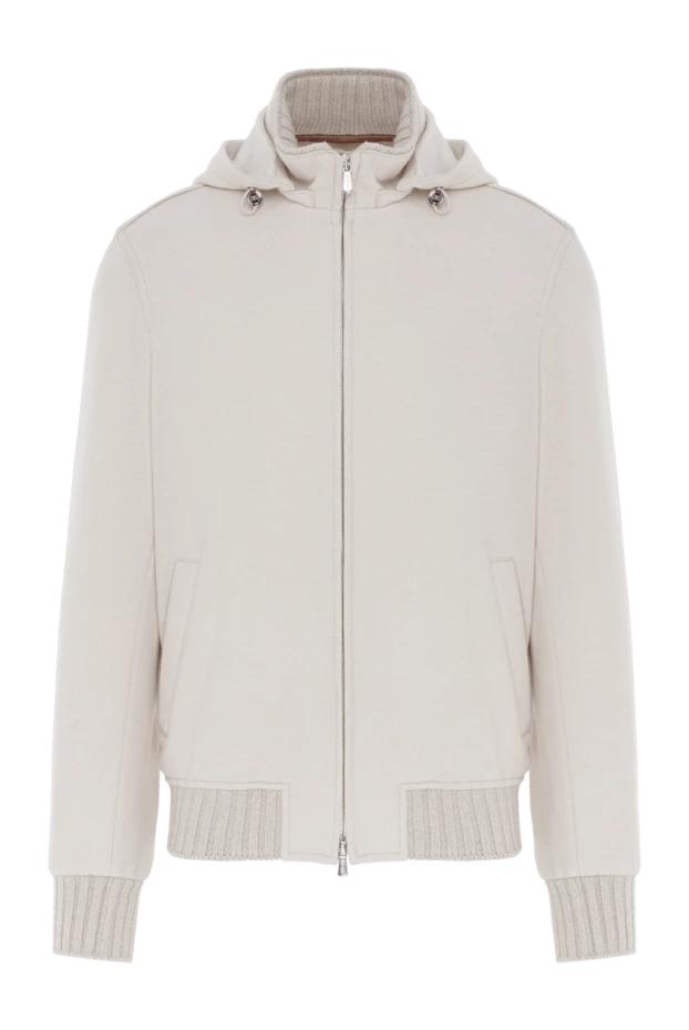 Бежевая куртка бомбер с капюшоном мужская из кашемира - фото 1