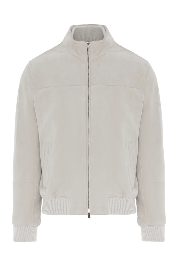 Замшевая мужская куртка белого цвета на молнии - фото 1