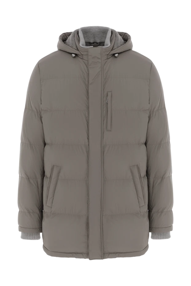 Gray men's mid-length quilted down jacket with hood - photo 1