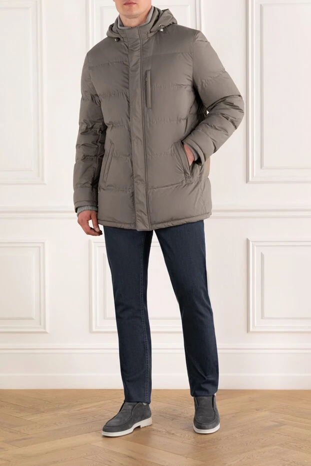 Enrico Mandelli серый мужской пуховик средней длины стеганый с капюшоном 188258 - фото 2