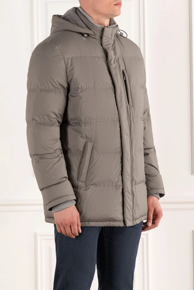 Enrico Mandelli серый мужской пуховик средней длины стеганый с капюшоном 188258 - фото 3