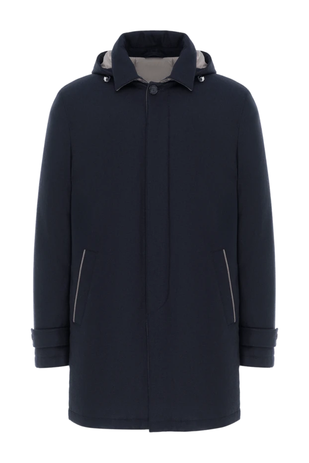 Men's medium length blue jacket with hood made of wool and cashmere - photo 1