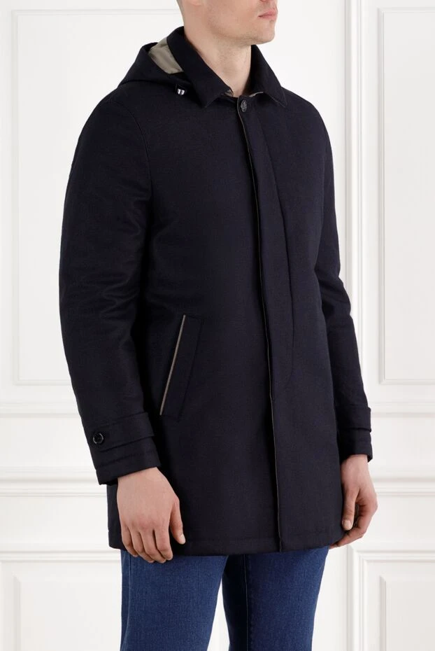 Enrico Mandelli куртка мужская средней длины синяя с капюшоном из шерсти и кашемира 188267 - фото 3