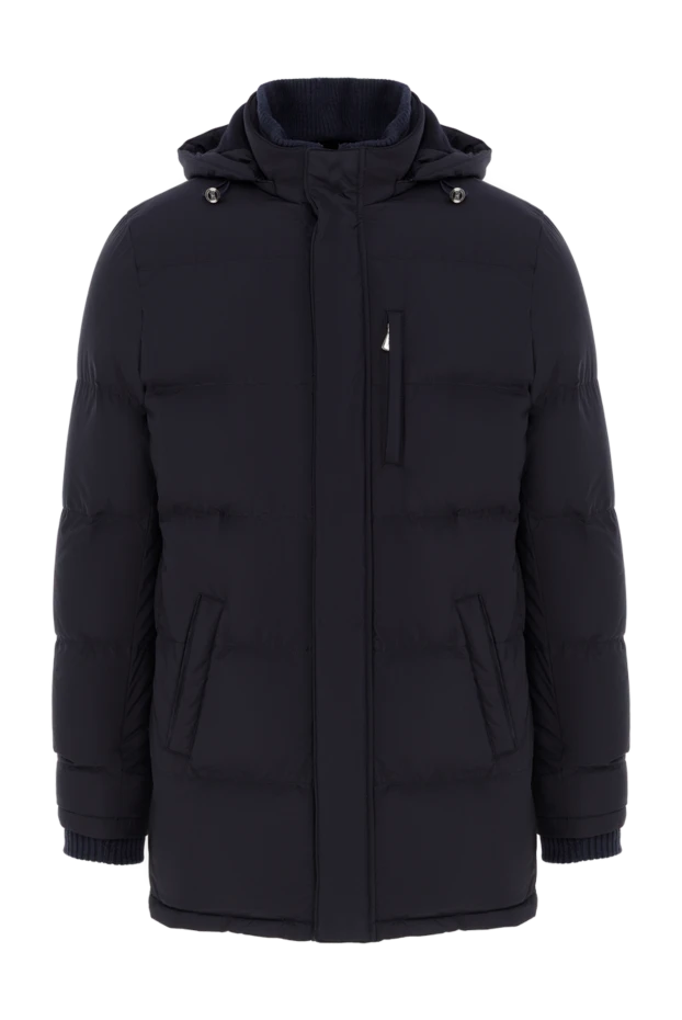 Синий мужской пуховик средней длины стеганый с капюшоном - фото 1