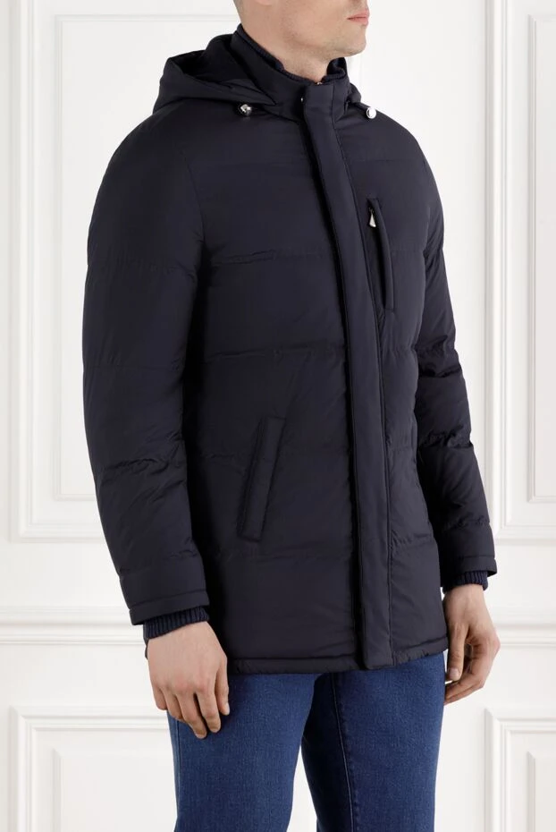 Enrico Mandelli синий мужской пуховик средней длины стеганый с капюшоном 188268 - фото 3
