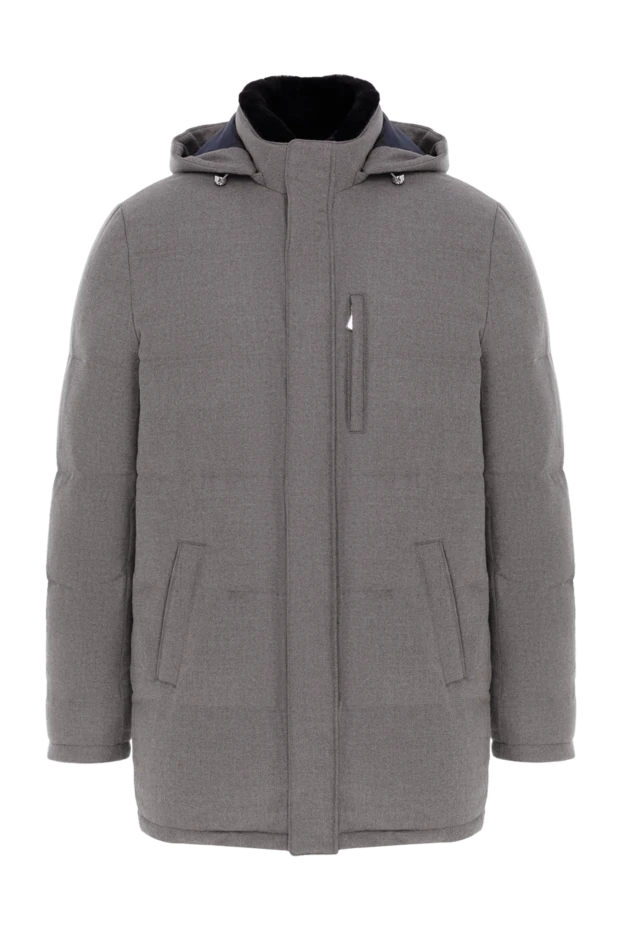 Серый мужской пуховик из шерсти и кашемира стеганый с капюшоном - фото 1