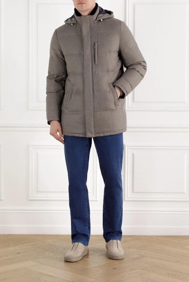 Enrico Mandelli серый мужской пуховик из шерсти и кашемира стеганый с капюшоном 188269 - фото 2