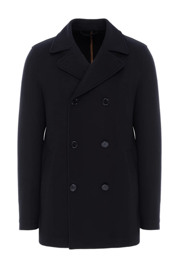 Короткое двубортное пальто из кашемира синее мужское - фото 1