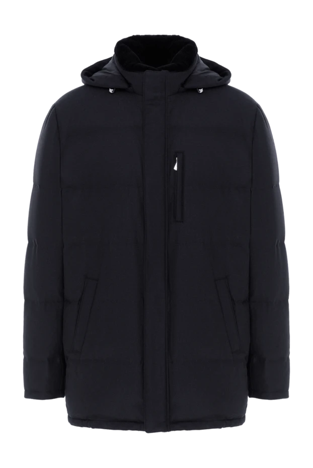 Blue men's down jacket made of wool and cashmere, quilted with a hood - photo 1