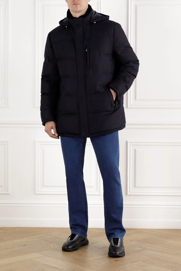 Enrico Mandelli синий мужской пуховик из шерсти и кашемира стеганый с капюшоном 188279 - фото 2