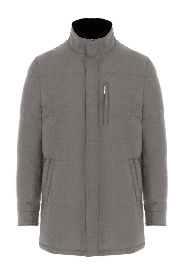 Grey men's down jacket made of wool and cashmere with a stand-up collar - photo 1