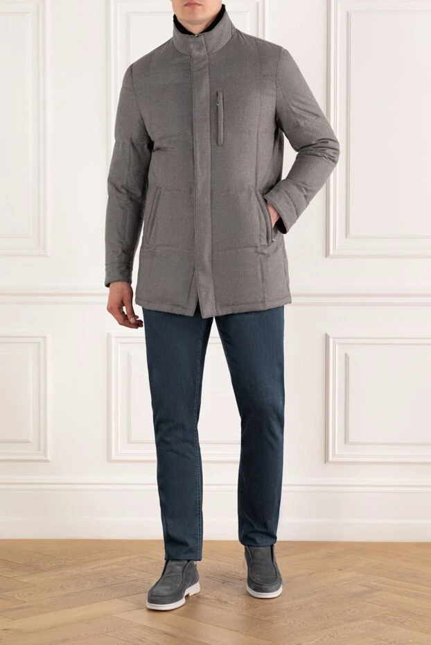 Enrico Mandelli серый мужской пуховик из шерсти и кашемира с воротником стойкой 188280 - фото 2