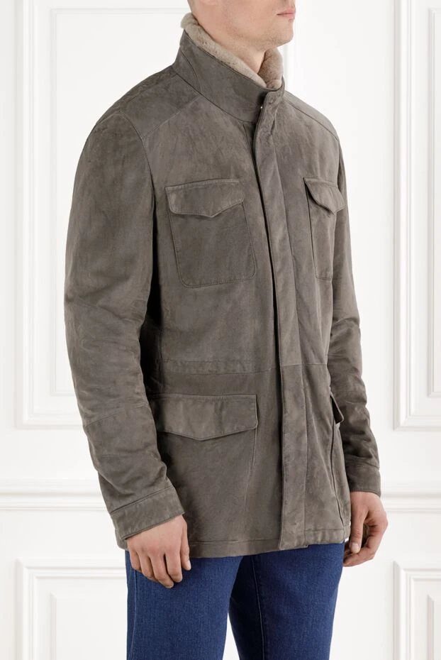 Enrico Mandelli замшевая куртка серого цвета мужская с меховым воротником 188283 - фото 3