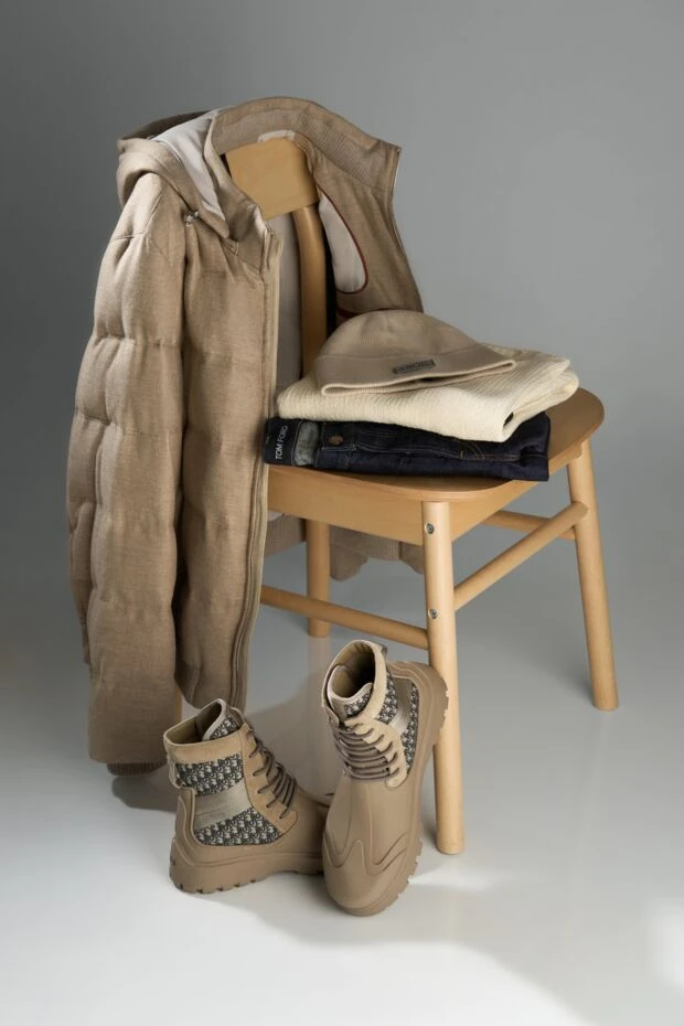 Enrico Mandelli бежевый мужской пуховик из шерсти и кашемира с капюшоном 188285 - фото 3