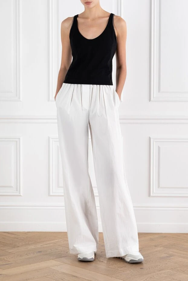 Brunello Cucinelli white cotton women's trousers with tucks 188326 - photo 2